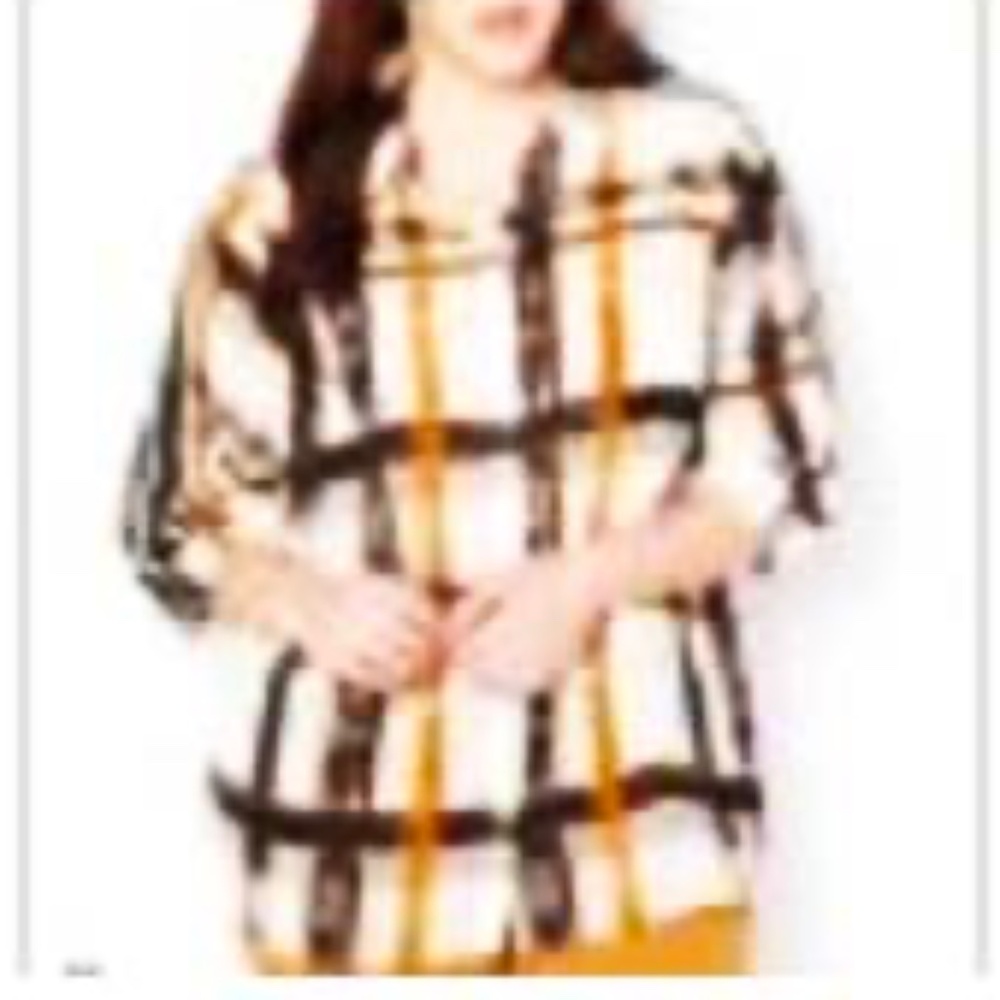 BUTTON DOWN SHIRT, ¾ SLEEVES, OFF WHITE PLAID (Gold/Black/White), SIZE 4, MBLM